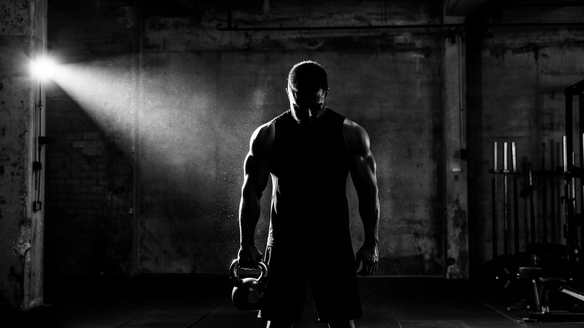Athlète tenant un kettlebell dans un gym industriel sombre